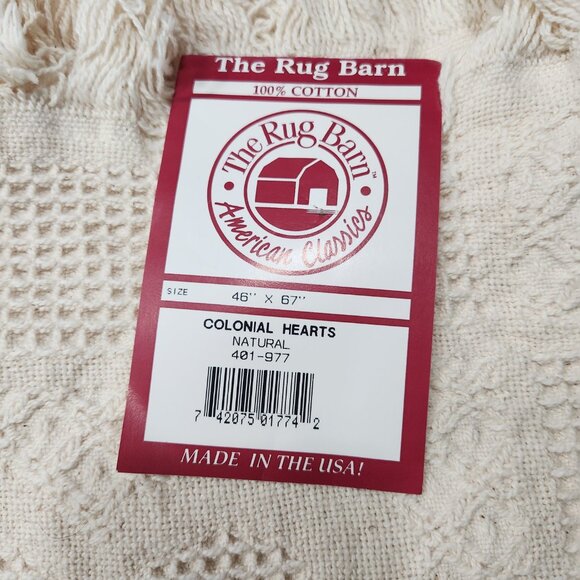 NWT The Rug Barn "Colonial Hearts" Fringed Natural 100% Cotton Throw 46"x67" USA - Picture 5 of 6